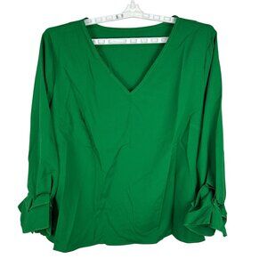 Green V-Neck Long Sleeve Womens Blouse With Ruffle Cuffs Size 3XL